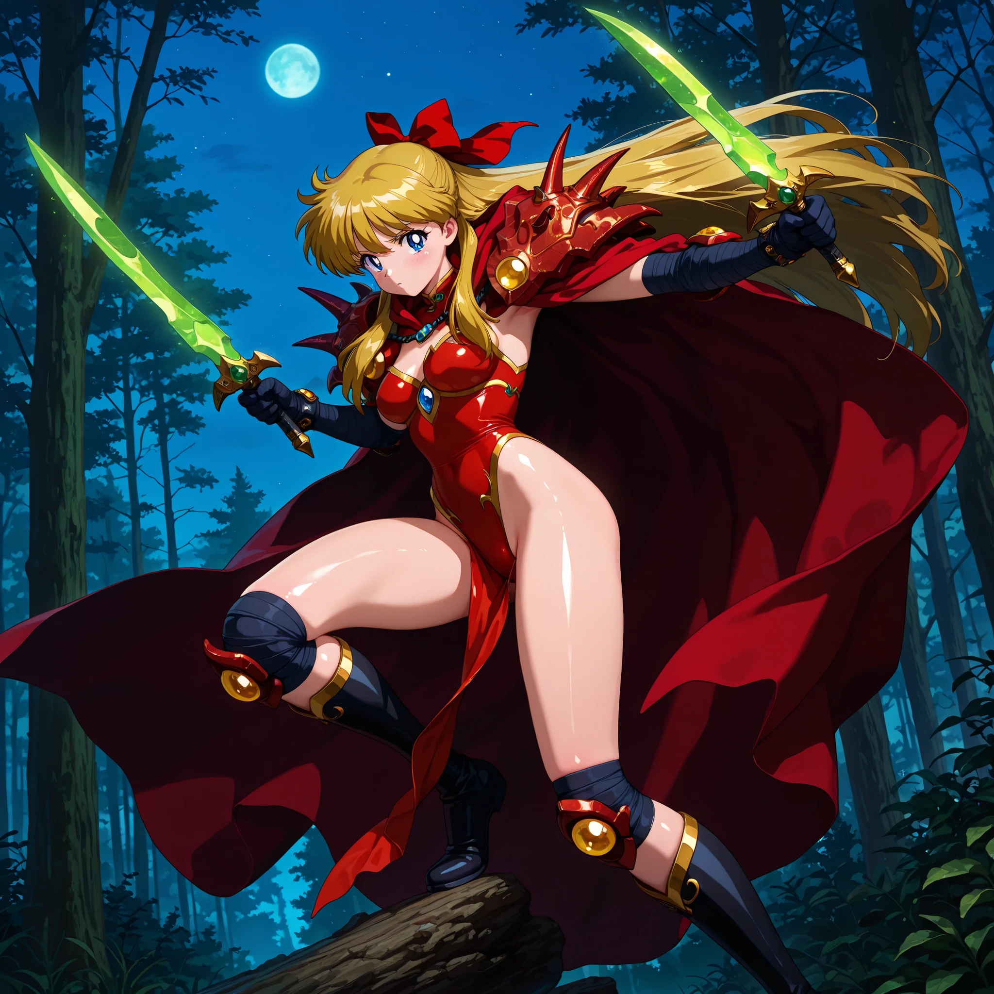 masterpiece, amazing quality, best quality, ultra-detailed, 8K, illustration, clear skin, ultra-detailed-eyes, soft skin, very awa, very as2, shiny skin, shiny hair, soft body, 90's style, official art, 1girl, minako aino, blonde hair, blue eyes, hair bow, half updo, long hair, hood, leotard, shoulder armor, shoulder spikes, cape, elbow gloves, pelvic curtain, knee boots, knee pads, black bandages, gold trim, holding glowing green dagger, dual wielding, forest, night, fight pose