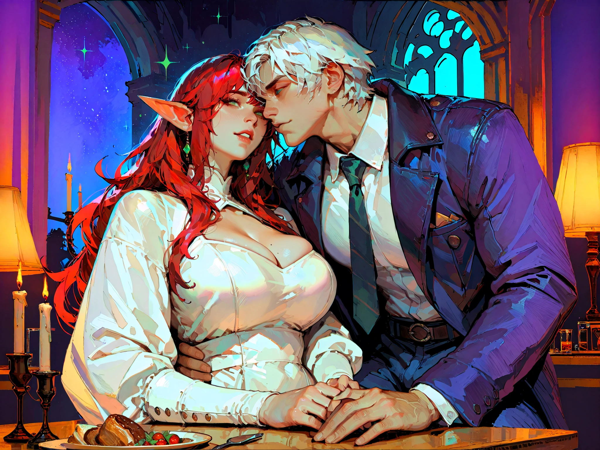 couple, score_9, score_8_up, score_7_up, source_anime, TakashiroHiroko ,(!!sharp long elfs ears!!, !! red hair!!, !!long hair!!, separete bang), long elf ears, Extremely detailed, ambient soft lighting, 4k, perfect green eyes, a perfect face, perfect lighting, a 1girl)), ((curvy, big breast, little chubby, curvy body, little chubby,beautiful dress, )), warm embrace, silhouette contrast, soft focus, vibrant color palette,glowing lights, vibrant reflections, warm lighting, perfect face, perfect green eyes, perfect light, dynamic light, natural light, !!girl with RED HAIR!!, 1boy(Dante(Devil may cry)!!white hair!!, separate bang, ((boy with white hair)), !!white hair!!, tall,!! muscular man!!, masterpiece,best_quality,beautiful_detailed, a girl in a beautiful dress, a boy in a tuxedo, dinner in an expensive restaurant, candles on the table,sitting across from each other