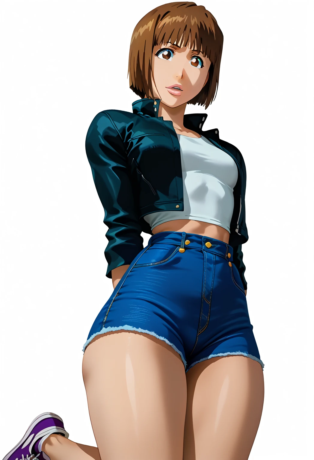 cowboy shot, anime style, police girl in the night in blue shirt, model pose, full body portrait, 1980s \(style\), 1girl, dark hair, retro artstyle
