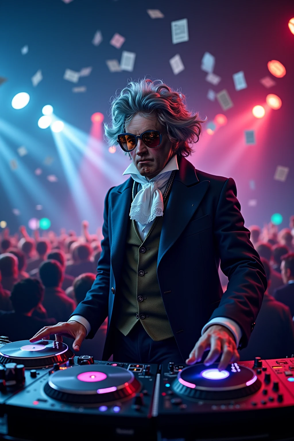 A dramatic scene of Ludwig van Beethoven as a modern DJ performing on ...