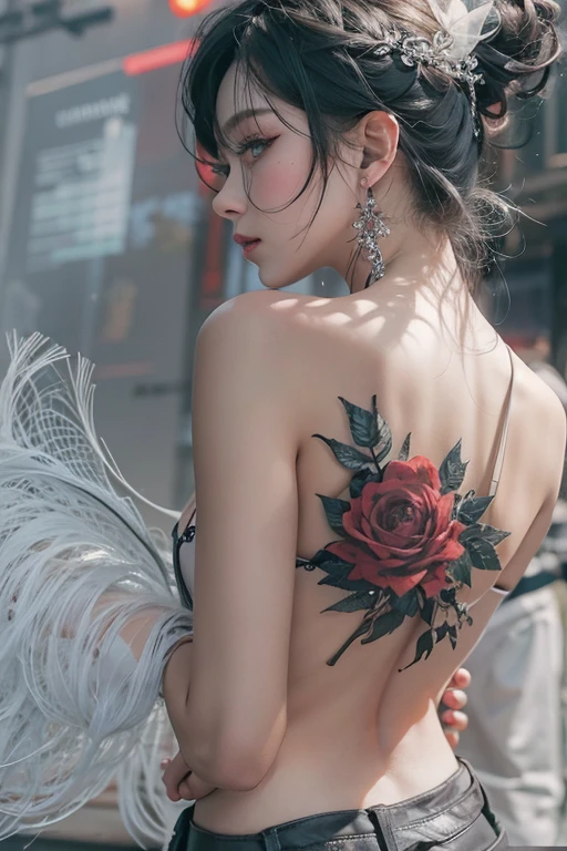 Woman's back view in a halter neck dress has a single rose tattooed on her back