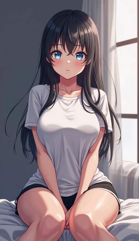 masterpiece、Highest quality、Ultra-high resolution、age girl with big breasts、twin tail hairstyle、black hair、Red face、shyly、open your mouth just a little、white T-shirt、lounge shorts、inside lounge room、sitting on the sofa、at night time