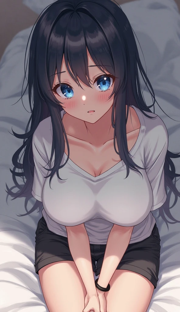 One , ((Schoolgirls in uniform、Unbuttoned))、(Black Hair,Inner color hairstyle), Beautiful Hair, Facial Contour, Remember, ,Hotel, splash, Lens flare,, Natural Color, High resolution, Very delicate, Very detailed, 8k,Lying in bed、(There is only a slight swelling of the chest,About B cup)、Shyness,((Sexual)),((Sexy feeling))