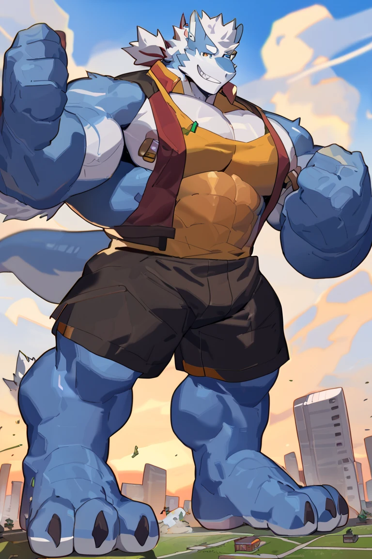 solo, 1boy, Huge Muscular White Polar Bear wearing glasses, huge white fur, pectoral, huge pectoral, wide pectoral, short white hair, blue colored short pants, blue colored wristbands and shirtless and topless, white bearded, white Mustache, white fur, simple background, masterpiece, high detailed, 8k, high resolution, at the gym, flexes huge muscles very veiny body