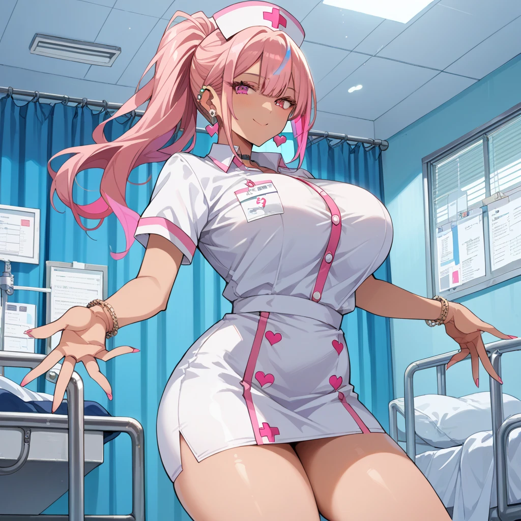 White nurse uniform, pink hair, thick thighs, wraiths