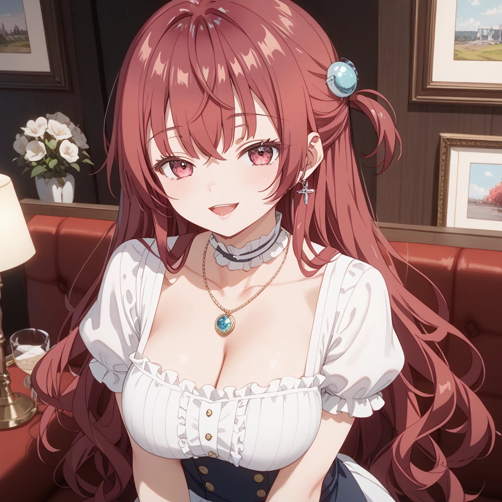 masterpiece, best quality, ultra detailed, sparkling eyes, anime, adult woman, middle aged woman, solo, long hair, red hair, purple eyes, woman, model, beautiful, Casual clothes. Hair accessories. Unusual hairstyles. Earrings. Greeting. Sharp ears. Big breast. Upper body. Beautiful anime art. Mommy. Onee-san. Soft smile