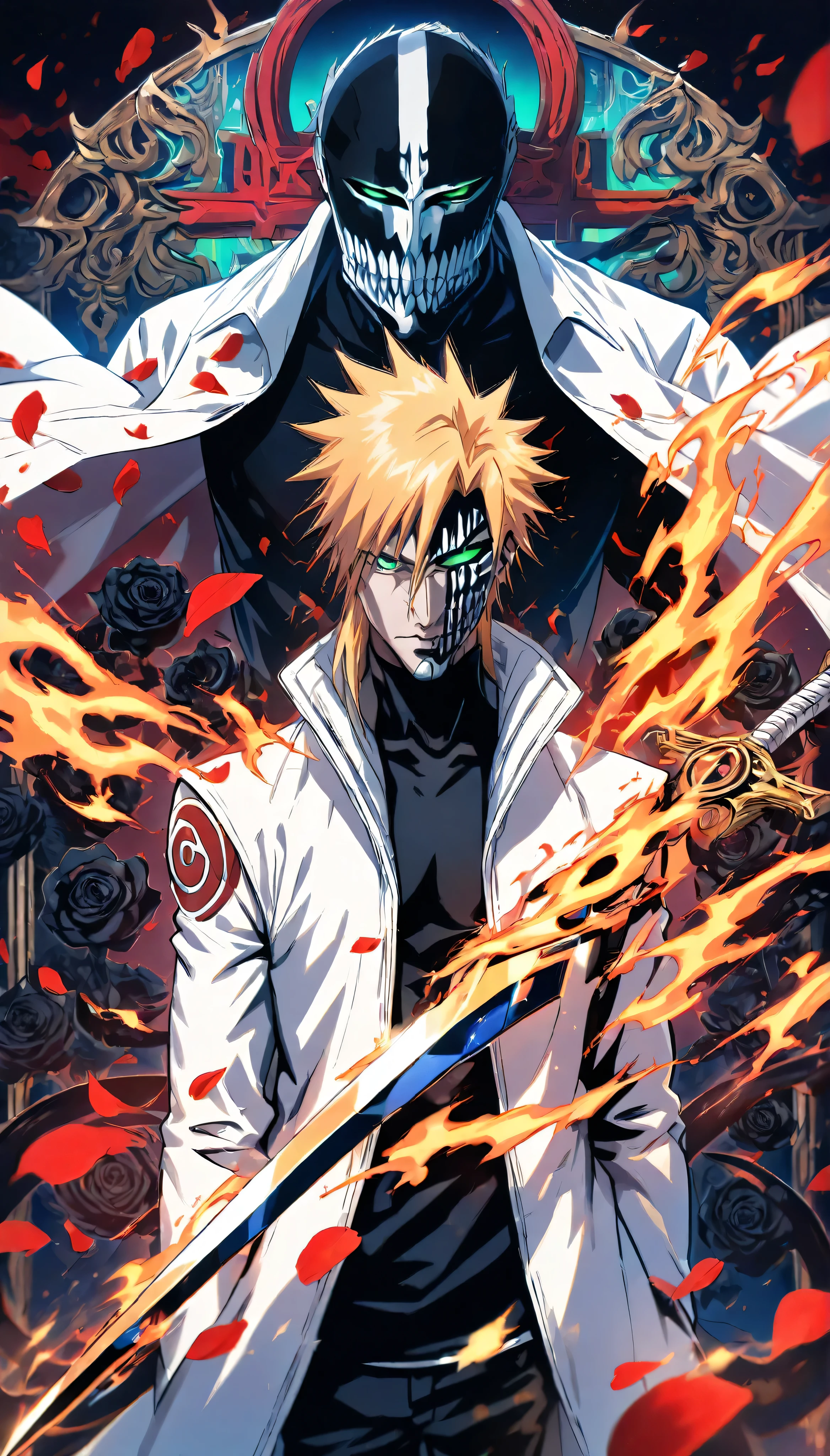 absurdres, highres, ultra detailed, HDR, masterpiece, extremely detailed face and eyes, perfect face, Hollowfication Of Uzumaki_Naruto's, Raven hair, hair between the eyes, expressive green eyes, pale skin, Bleach, solo, sexy man, handsome, white coat, tight black shirt, patterns, Black roses, petals, in Las Noches Throne Of Hueco Mundo, (((Silhouette Of Ten-Tail Fox Spirit Through At Behind Him))), (((Power Spirit on His Sword)))