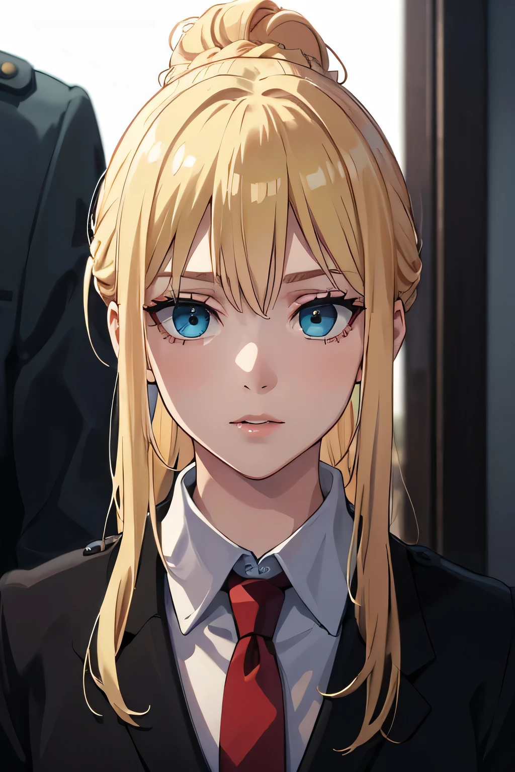 25 year old woman, Russian, government hitman, wearing a white shirt, wearing a black blazer, wearing a red tie, messy bun hairstyle, blonde hair color, blue eye color, thin lips, sharp eyes, facing forward, half body, hd
