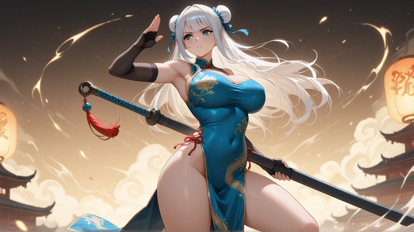 (masterpiece),(Highest quality),(Very detailed),(Best illustrations),(so beautiful), Beautiful Eyes, Perfect Face, Perfect hands, Perfect Fingers, so beautiful長い脚, Thighs, hanging breasts, Silver Hair, Red eyes, Very long hair, High Ponytail, Blue clothes, China dress, Side slits, holding weapon, dick, armpits,