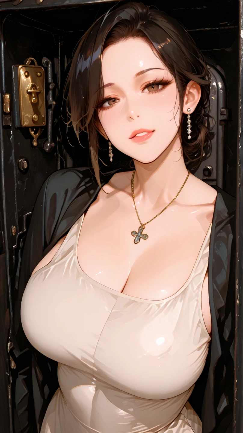 Highest quality,Ultra-high quality,Scale up,breast enhancement,woman,Mature Woman,Age 42,Formal wear,Light pink lip,Earrings,necklace,Brown eyes,Bob Hair,Dark brown hair,Big Tits,Above the ground,Are standing,storehouse
