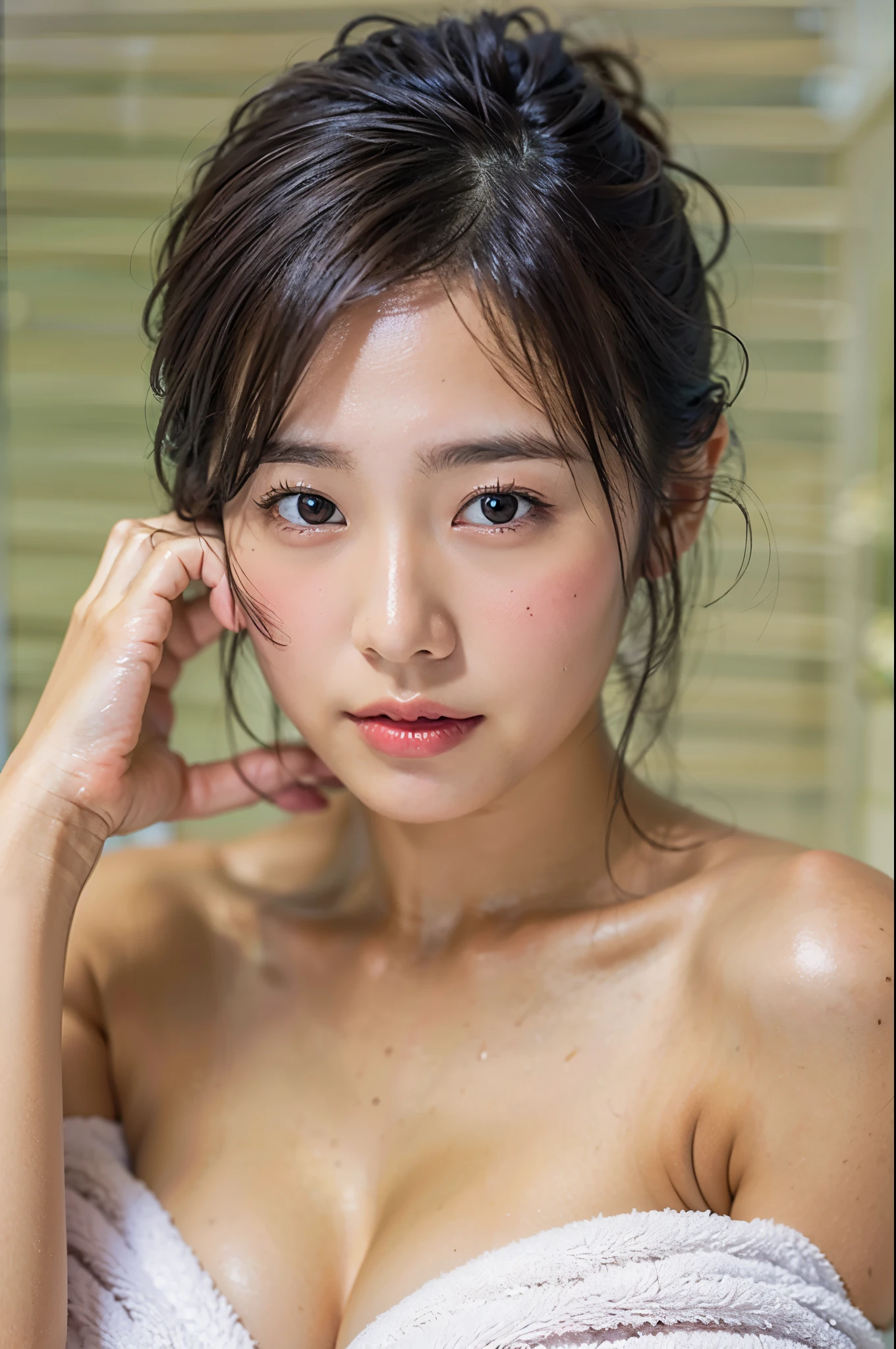 ((highest quality、8k、masterpiece:1.3))、One Girl、ほっそりしたUnderarmを示す美しい女性:1.3、Ponytail hairstyle、Wrap a bath towel around your body、Bathroom、Highly detailed face、Detailed eyes、double eyelid、Armpit hair、Raise your hand、Underarm、Wet body、Realistic and detailed skin、リアルで精巧なUnderarm、Underarms glowing with lights、Red lipstick、smile、Realistic