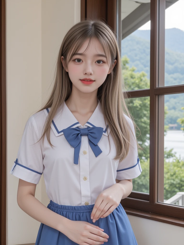 (1woman), (round eyes:1.2), (highly detailed face and eyes), (big smile), Amazing face and eyes, (school uniform, pleated mini skirt:1.3), (Best Quality:1.4), (Ultra-detailed), (extremely detailed CG unified 8k wallpaper), Highly detailed, High-definition raw color photos, Professional Photography, Realistic portrait, indoors, summer, (casual room, cute wallpapers:1.3), (Surrounded by lots of cute fresh flowers. Inside a photo studio, cute sofa:1.3), depth of fields, (fine face:1.2),
