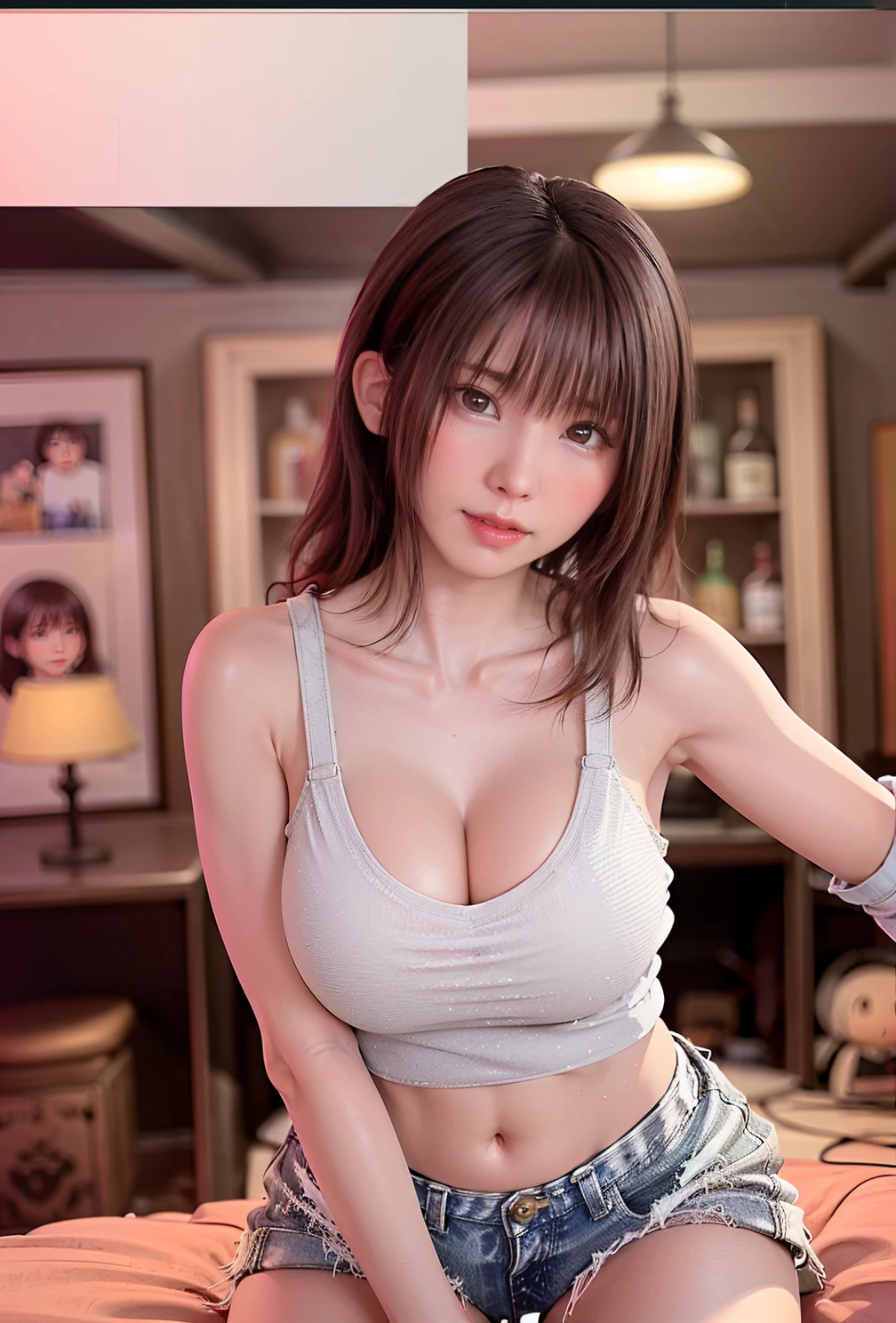 sfw, (masterpiece, best quality:1.4), ultra-detailed, soft light, natural lighting, cinematic light, film grain, (depth of field), (1woman, solo:1.4), mature woman, perfect female form, (perfect face, detailed face, glossy lips, eyeliner), short hair, blonde, (natural breasts), (white unbuttoned shirt, jeans, cleavage), (mixtape:1.4), (music store, discs, vinil, radio, amplifiers, speakers, headphones), (standing),
, wearing bra,((skinny waist)), young asian girl, ((big boobs)),
