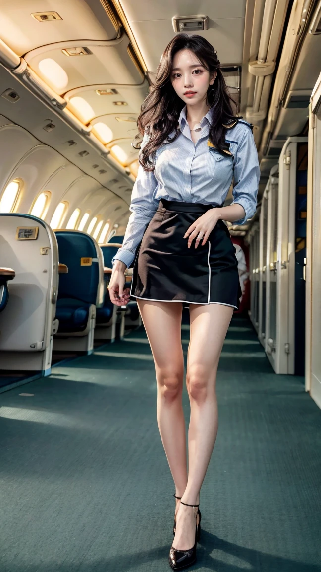 Jane, 28 year old woman, brunette with piercing green eyes, in the airplane cabin, adjusting the overhead luggage compartments. She wears a tight-fitting flight attendant uniform that highlights her round breasts and proportionate hips.. Her skirt is slightly shorter, showing off her toned legs.

