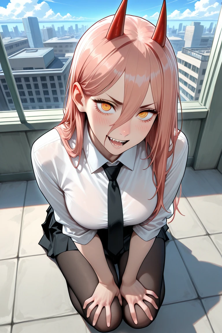 best quality, masterpiece, highres, solo, (power_chainsawman:1.10), 1girl, black jacket, black necktie, collared shirt, looking at viewer, sharp teeth, white shirt, smile, open mouth, blood, indoors, orange eyes showing ass, half naked, wet shirt.