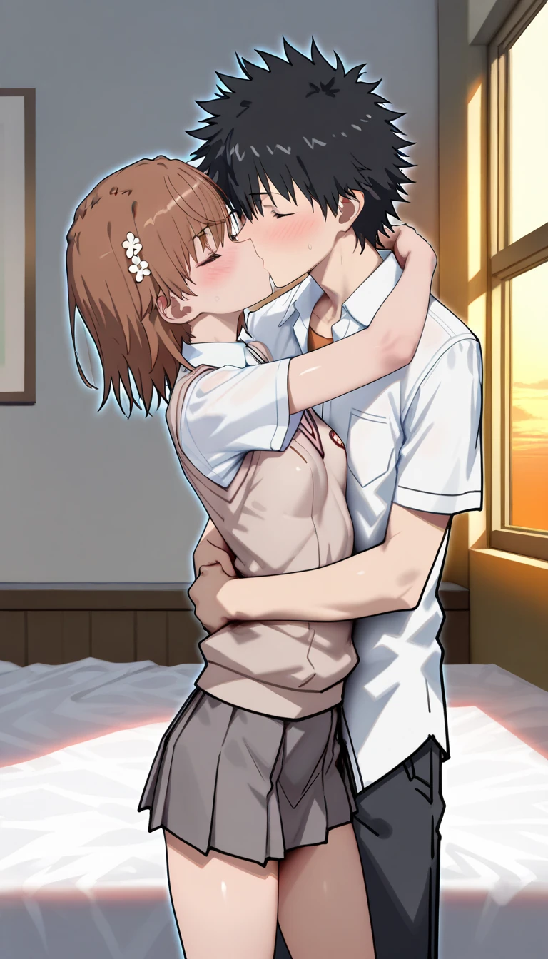 Sheer nightgown、(1woman and 1man, a couple, Princess hug、kiss)、Feminization、blushed、be in agony、Teary-eyed、Troubled face、short-hair、full body Esbian、feminine breasts、ligh brown hair、(masutepiece, Best Quality)、 Shiny skin、(1girll: nase, Naughty blush, Sweat flows)