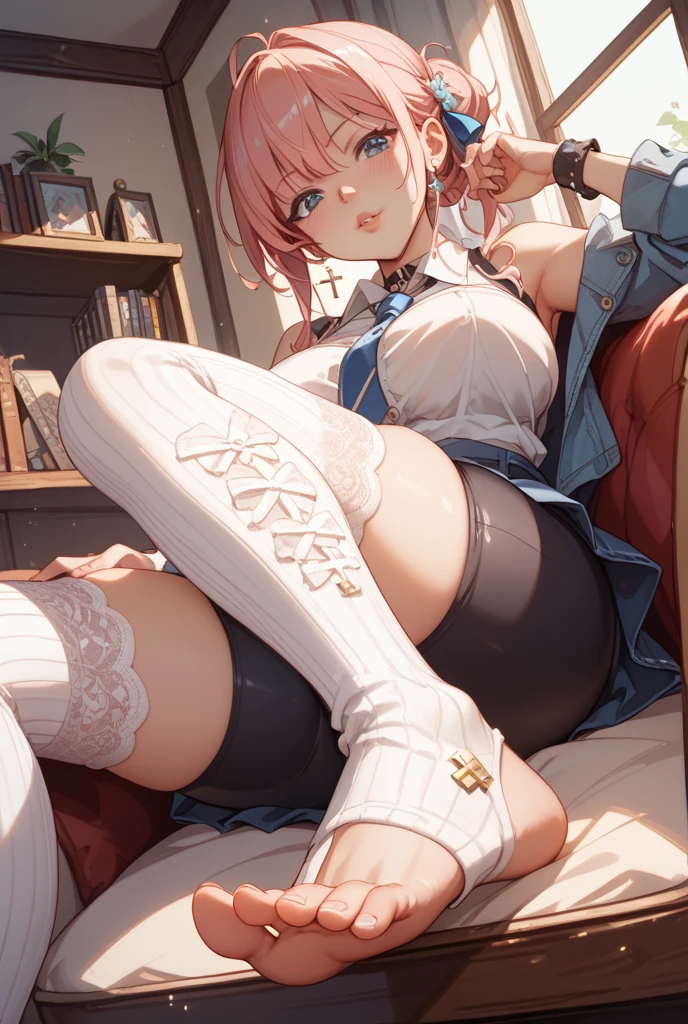 masterpiece, Highest quality, pretty girl, 16 , Scrunchie hair ornament, Twin tails,Big nipples,denim pencil mini skirt,hoodie, Patterned stockings, Leg belt, necklace, skinny , Pink and black nipples,((showing off lace panties)),(The nipples are visible through))