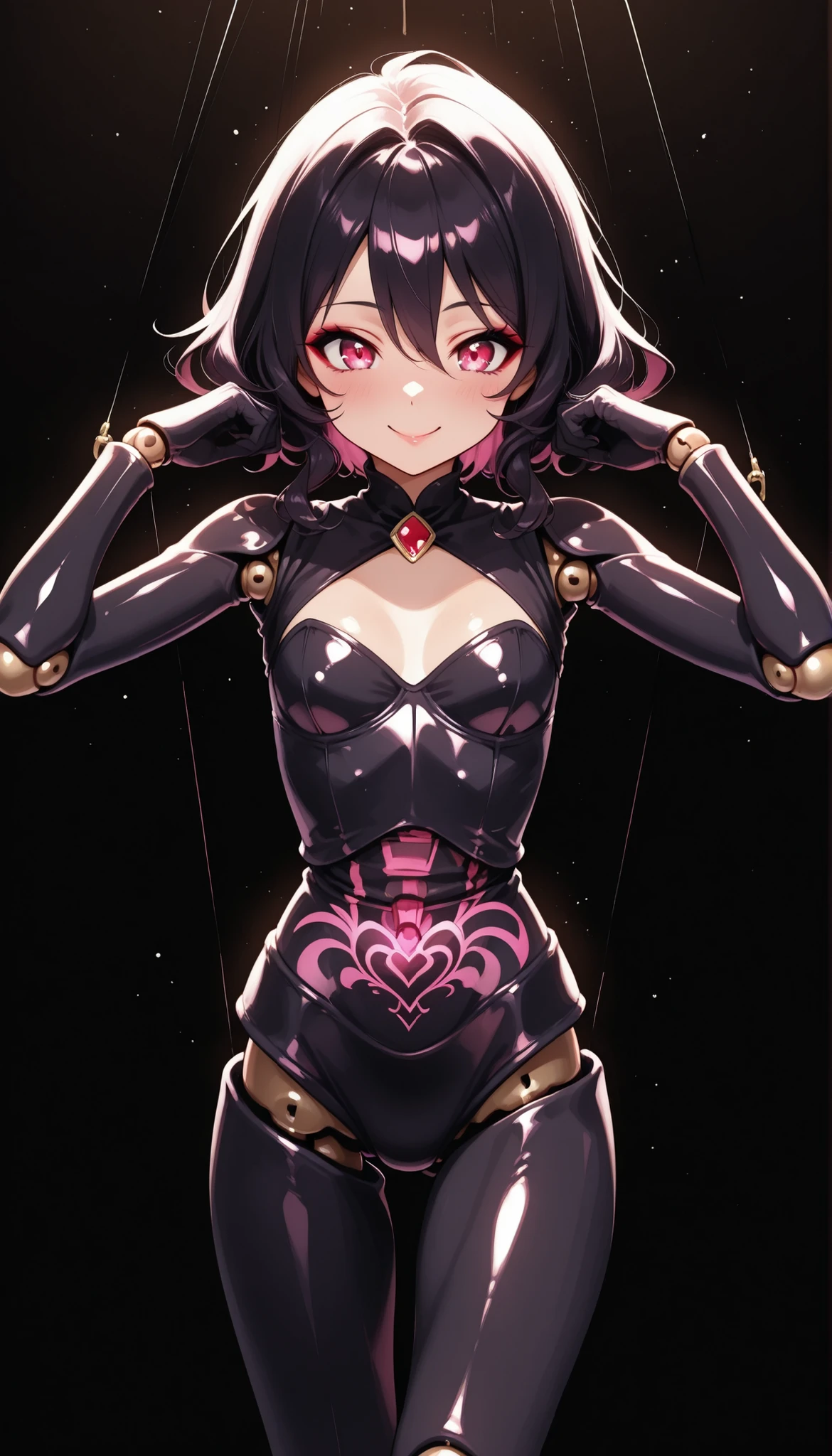 関節剥き出しのmarionetteドール, marionette, fun expression, Wear a hanging , exquisite doll, Tight Thread, doll, ((Joint mechanism with visible range of motion, bare joints)), 4K, exquisite texture, CG illustration, Shiny material, dark background, Delicate carving、Delicate Features、lively expression, Emotional , beautiful like a painting, shines in the dark, MYSTERIOUS TONES, Deep flavor