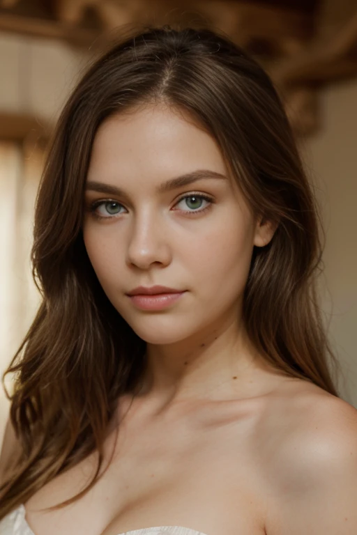 (4k, photorealistic) realistic portrait photo of beautiful woman with dark brown hair, American, influencer, light green eyes, no makeup, instagram