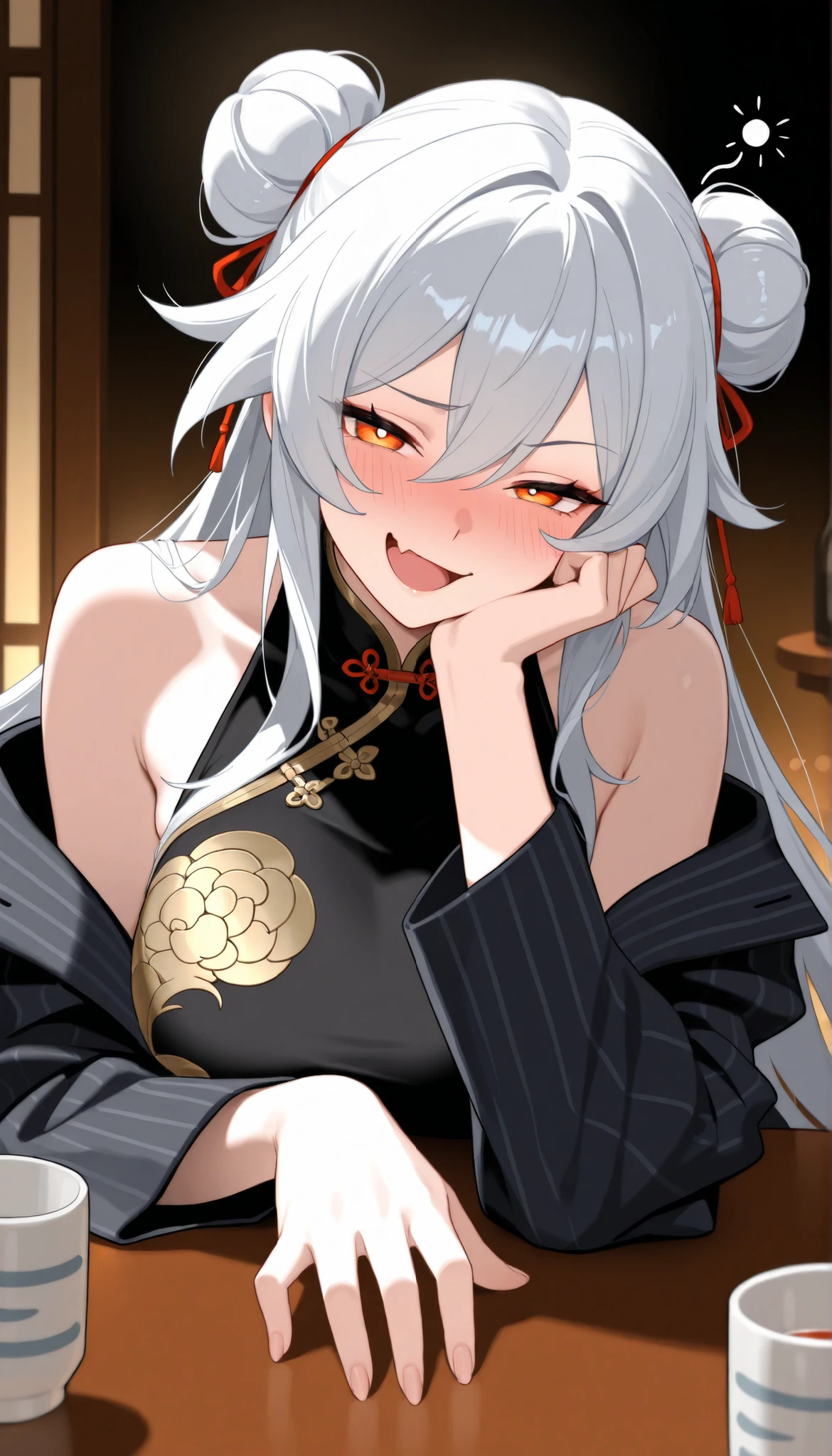 best quality, highres, masterpiece, monochrome, spot color, 1 girl, yellow eyes, white hair, short hair, hollow eyes, glowing eyes, detailed face, shiny skin, vibrant colors, intense lighting,chinese bun black short hair,bun cover,china dress, long dress,tight mini skirt, gold decoration dress, sleeveless, ultra detailed dress,cleavage,Little