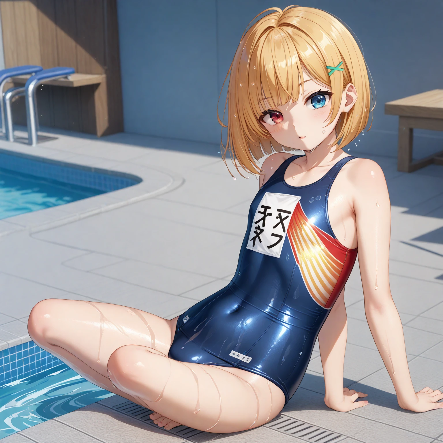 score_9, score_8_up, score_7_up, Expressiveh, 1 girl, pretty girl, 12 yt and sweaty, freckles, black, blue eyes, detailed face, pretty face, adorable bright eyes, detailed and realistic eyes, small body, (small breasts; 1.3), small size: 1.4, HD32K, incredibly detailed, locker room, arched back, (teasing, naughty expression), divine rays, parted lips, transparent white sports swimsuit, (((girl looks in front of her arms along the body))), oiled body,