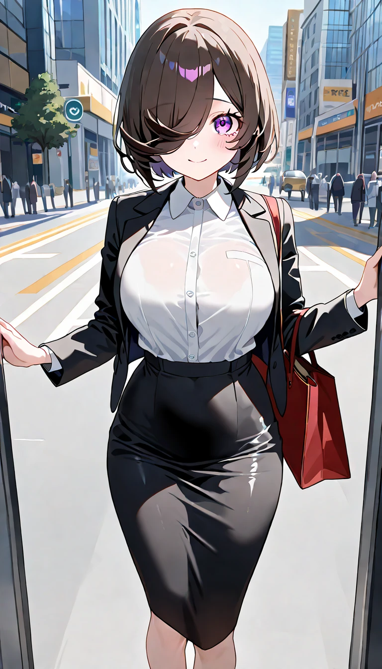 Thick sunlight Viewpoint looking up at the sky Walking through the business district Full body view Sweat ponytail:1.9 Social People Black recruitment suit White collared shirt Three-quarter sleeves Black Skirt Black short hair, straight hair, hair tie Sweep your bangs to the side:2.4. Slanted eyes, brown eyes, tall, strong-willed, beautiful tits Business bag
