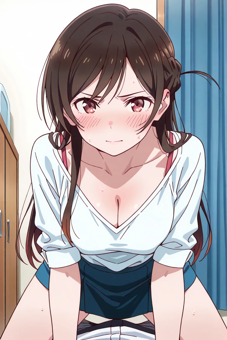 1 girl、(((Vaginal,Sex)))、Huge breasts、A melting smile、Brown Hair、Bangs parted in the middle、The forehead is visible、Embarrassed face、Blushed、Black pleated skirt、(Big Breasts:1.5)、White camisole