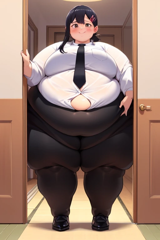 "Voluptuous and seductive brunette bombshell, weighing upwards of 1,000 pound, highly immobile sitting on a couch eating a party size buffet, extremely plump, big stomach, bloated, full body portrait of a short!, fullbody commission for, obese, body swelling about to explode, bloated, cell shaded!!! flaunting her curves in a stunning ensemble of sleek black leather capri pants, a button-up sweater that accentuates her assets, and teetering on toeless high heels."
