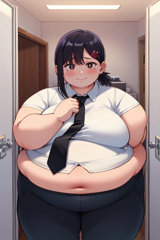 masterpiece, best quality, ultra-detailed, illustration, epic lighting, cinematic composition, isometric, 1girl, solo, cute, obese body, brown eyes, fat arms, fat belly, thick thighs, black hair, swept bangs, single sidelock, panties, red hairclip, white collared shirt, black necktie, black pants, formal, enchanting gaze, captivating pose, indoors, office, door, opening door, looking at viewer, peeking out upper body, blush, seductive smile, closed mouth,(8k:1.1),