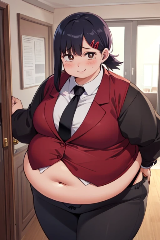 masterpiece, best quality, ultra-detailed, illustration, epic lighting, cinematic composition, isometric, 1girl, solo, cute, obese body, brown eyes, fat arms, fat belly, thick thighs, black hair, swept bangs, single sidelock, red hairclip, white collared shirt, black necktie, black pants, formal, enchanting gaze, captivating pose, indoors, office, door, opening door, looking at viewer, peeking out upper body, blush, seductive smile, closed mouth,(8k:1.1),