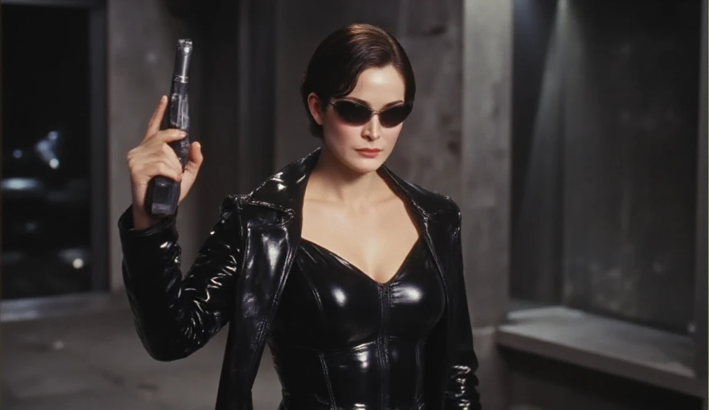 Trinity from the movie matrix. xxx. sexy. full body. with sports lenses, He wears a black leather trench coat. with small tight latex lingerie, full body closeup, cinematic full length lingerie shot. sensual. sexy, background city of matrix. hyper realism. 8k. Photography, hyper realism. k. Photography (masterpiece, Super detail, High detail, Best Quality, 8k, Matrix film lighting