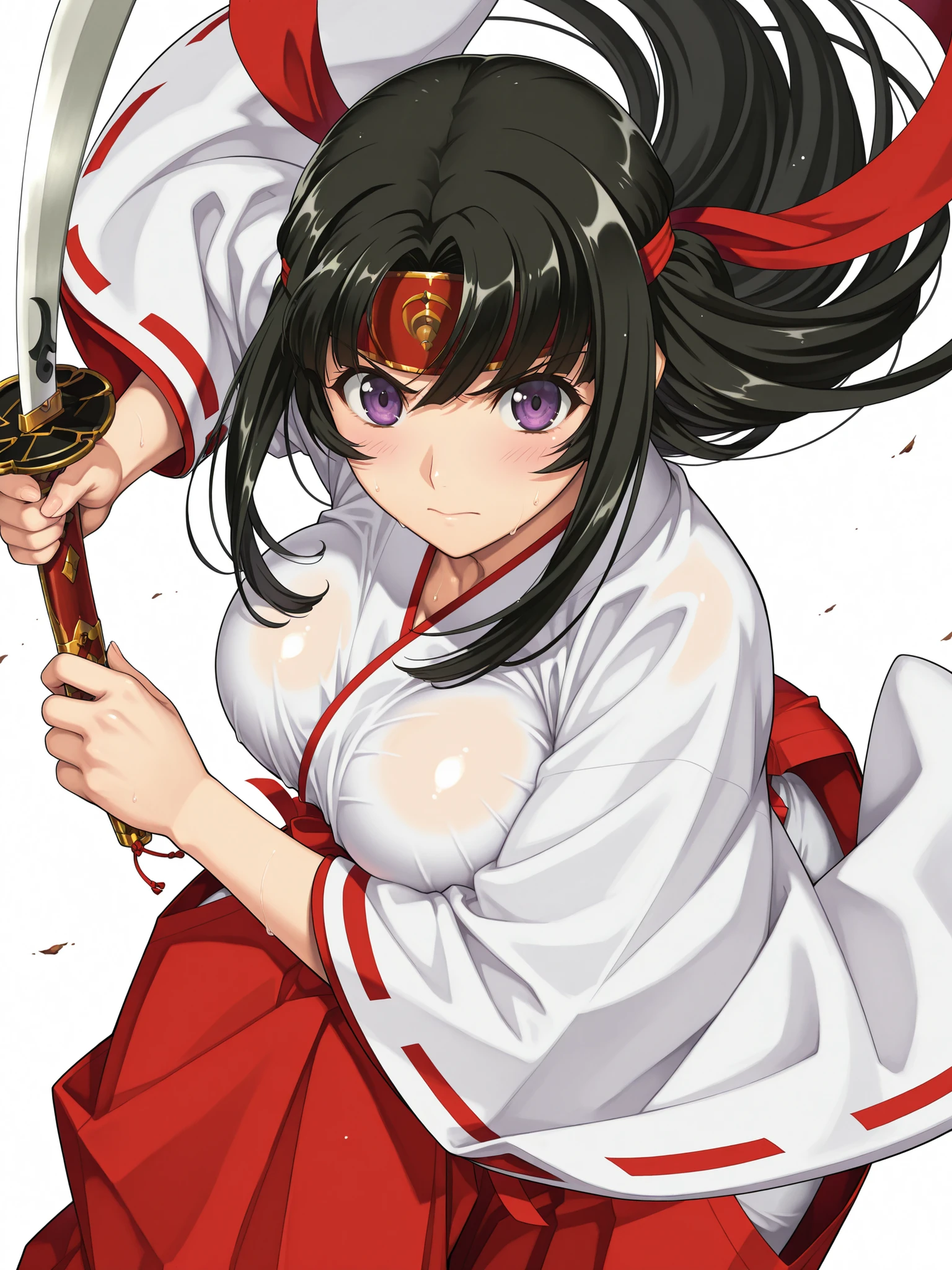 1girl ,tomoe (queen's blade) ,black hair ,blush ,breasts ,closed mouth ,fighting pose ,hakama ,hakama skirt ,headband ,holding ,holding sword ,holding weapon ,japanese clothes ,katana ,large breasts ,long hair ,long sleeves ,looking at viewer ,miko ,purple eyes ,red hakama ,red headband ,sidelocks ,skirt ,solo ,sweat ,sword ,very long hair ,weapon ,wind ,wide sleeves ,masterpiece, best quality, ultra detailed ,