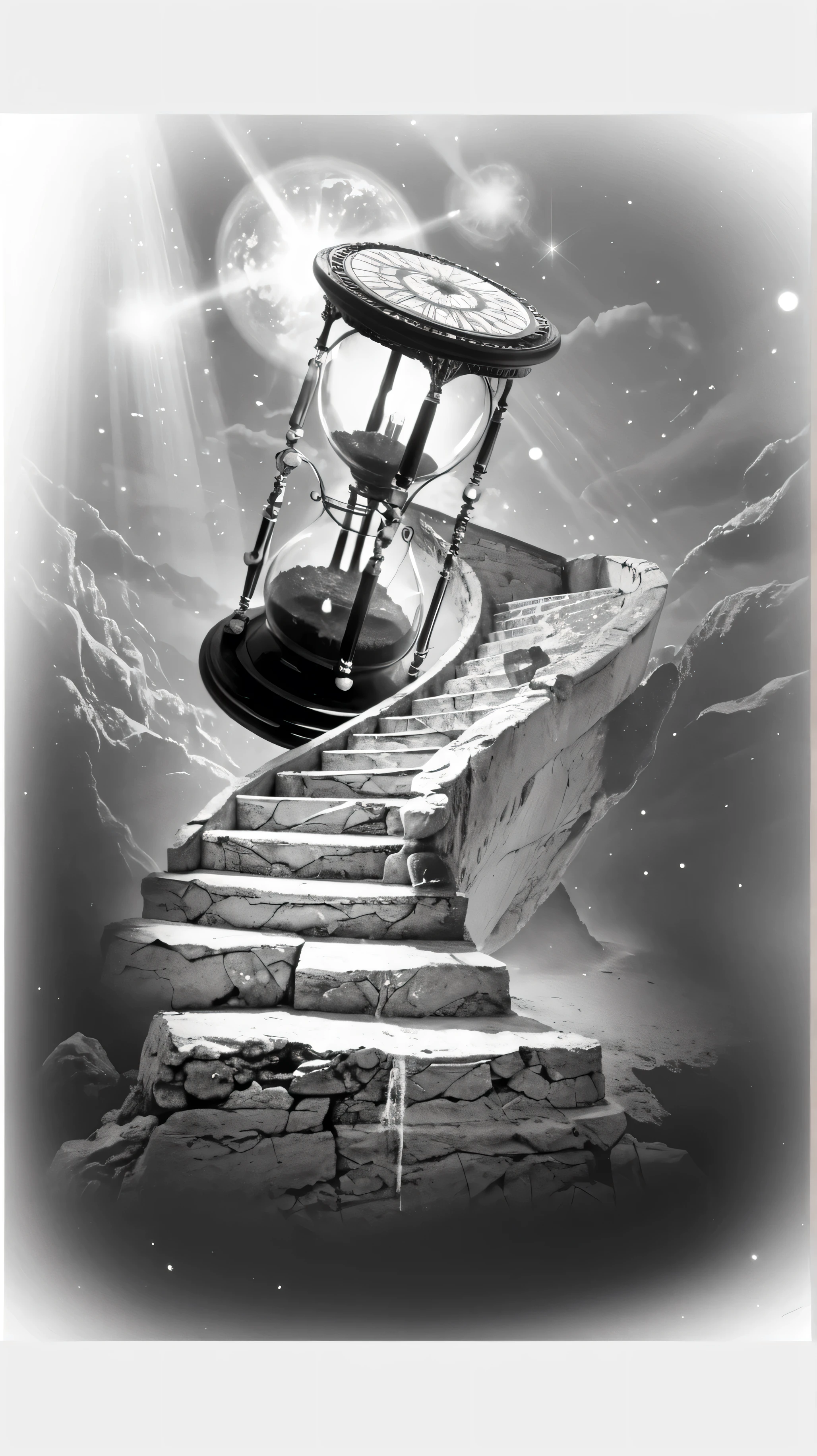 A surreal black and white fantasy tattoo-style illustration of a cracked stone staircase ascending into the sky through soft, dreamy clouds. At the top, a large ancient hourglass with glowing sand and mystical runes. Magical light beams from the heavens, floating sparkles, and ethereal fantasy atmosphere. Fine linework, clean shading, high contrast, celestial and dreamlike.
