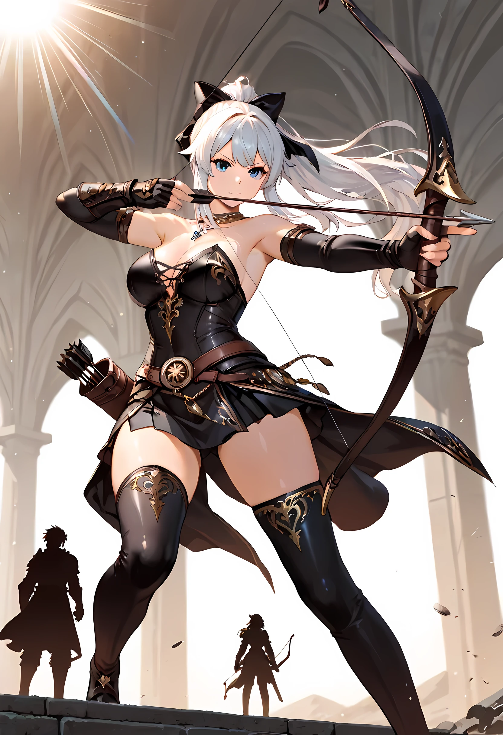 a fantasy art of a exquisite female archer, (silhouette artwork), as the sun rises, fantasy art, ), sunrising behind the archer, ready to act, ultra feminine, ultra feminine, best detailed face, ultra detailed face, long hair, dynamic bow sting drawn to the cheek , arrow ready to be shot, arrow tip glimmers, sunrays, divine rays, high details, best quality, 16k, [ultra detailed], masterpiece, best quality, (extremely detailed), dynamic angle, Aiming a Bow, bow (weapon), Cinematic Shot, fantasy, LOAsuccXL, strapless, anime