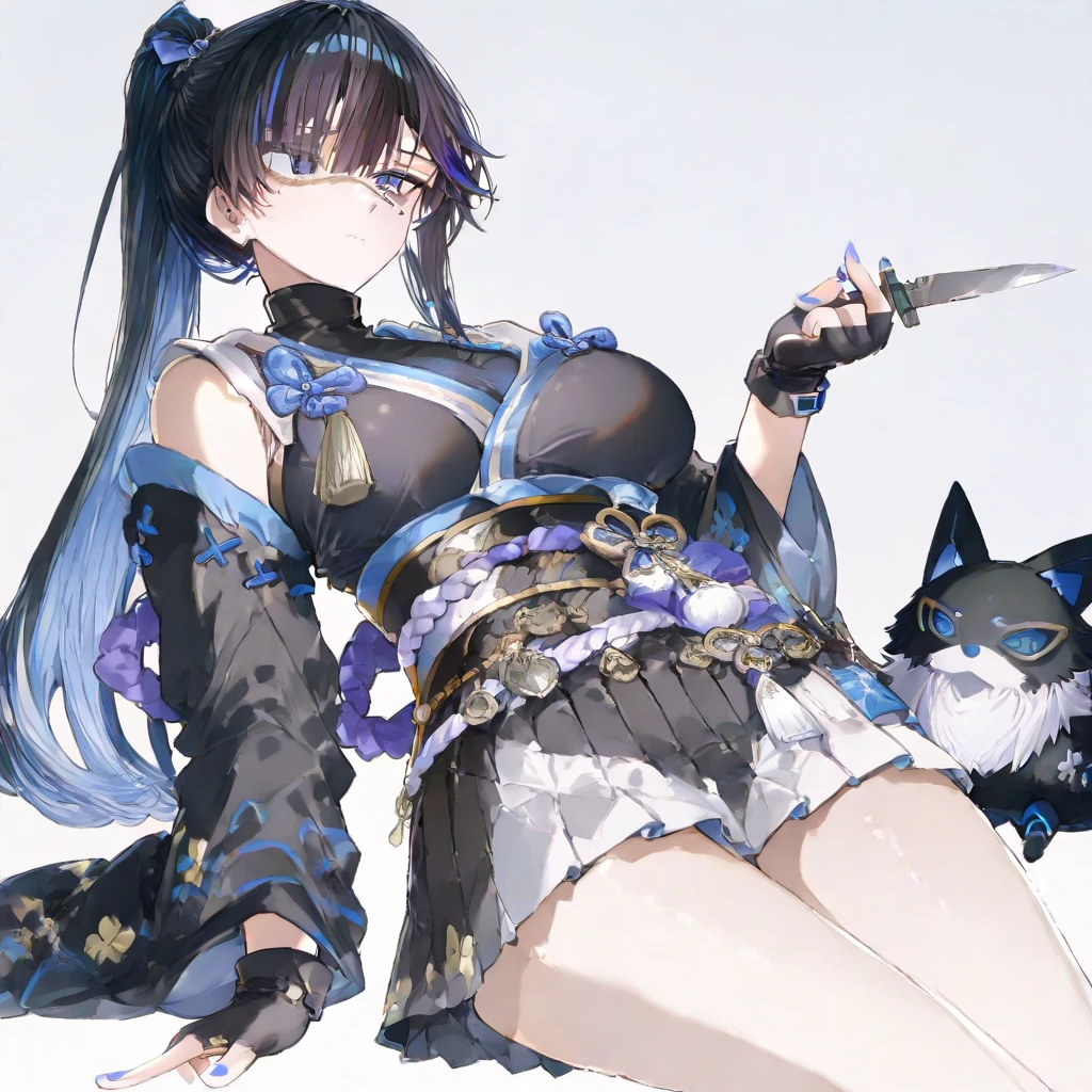 best quality, (masterpiece),(ultra-detailed), (high quality), (high resolution), <lora:nottvt:0.7>,nott vt, animal ears, cat ears, black hair, long hair, cat girl, blue eyes, multicolored hair, blue hair, hair ornament, jingle bell, ahoge, japanese clothes, sash, clothing cutout,