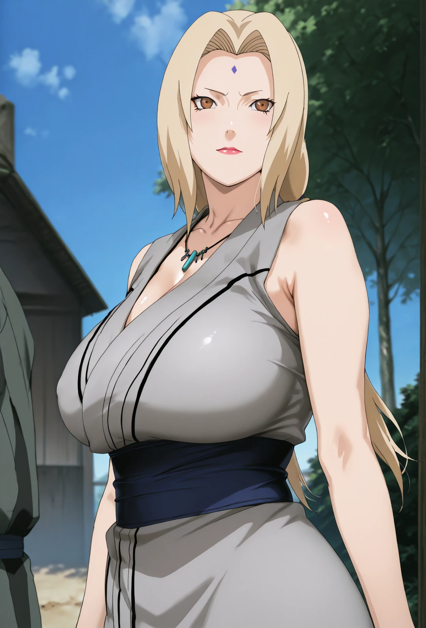 master piece, high quality,
perfect human structure, perfect hand structure, perfect finger structure,
1girl, solo,
perfect body, large breasts,
blond hair, long hair,
blue eyes, looking at viewer,
black kimono, breasts cleavage,
ring necklace
one hand on hip,
cowboy shot,
out door, (huge-tits:1.6), Erect nipples, exposed breasts