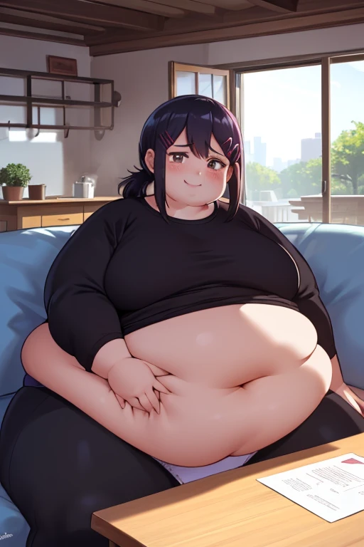 detailed illustration, dynamic angle, ultra-detailed, illustration, 1girl, mid 40’s year old Chinese American woman, night time, in a fancy home, standing in the kitchen , wood paneled walls, beautiful dark wood floors, oriental rugs, obese and thicc, motherly and nurturing, silk waist-long dark hair, big round firm belly, 350 lbs+ weight, short, strained purple sweater, soft smile, look cute, tight clothes, tight mom jeans, very wealthy looking, tall, grey eyes, anime eyes, thick thighs, large protruding belly, belly sag, thunder thighs, thighs always touching