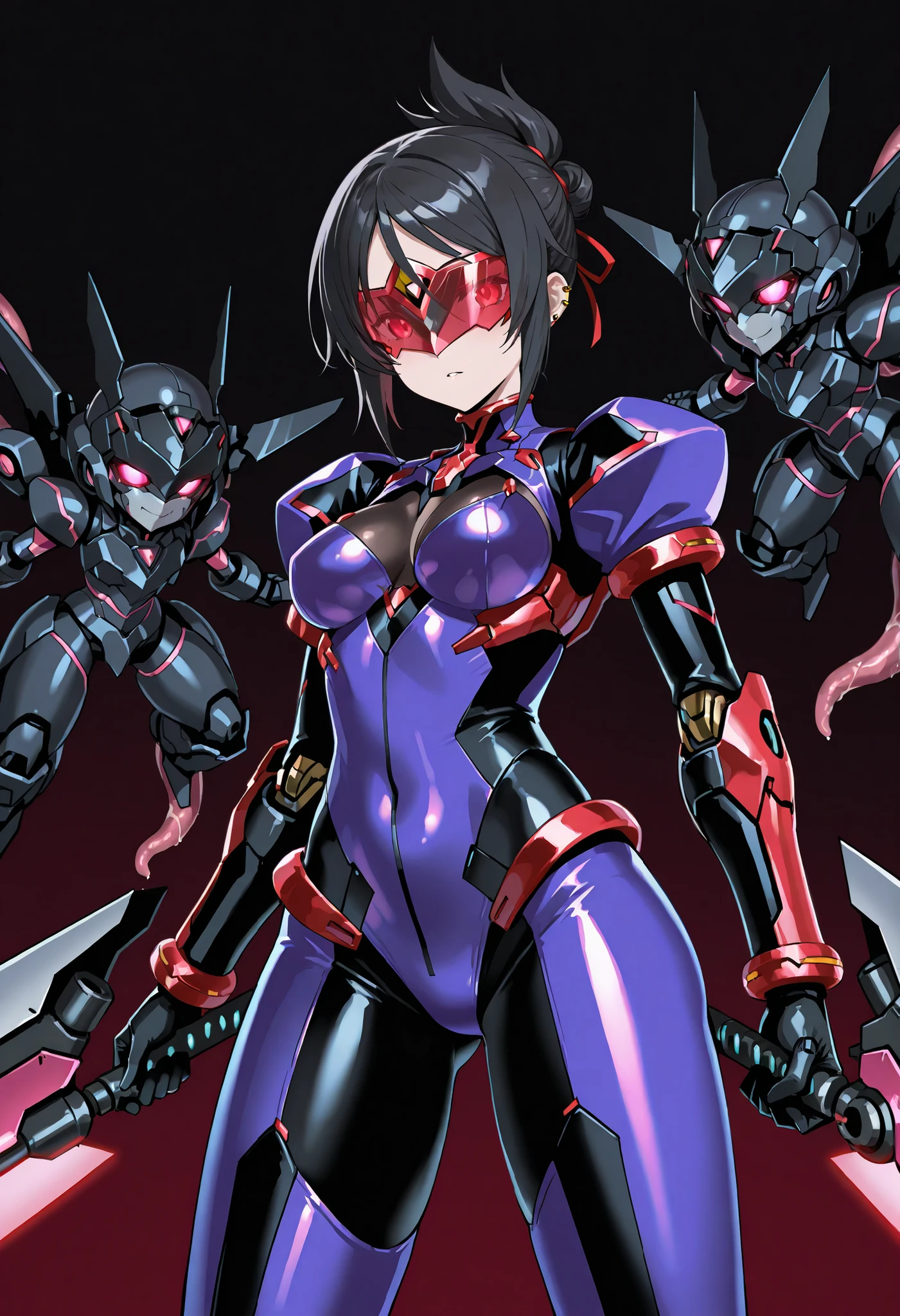 Cyborg girl. Black hair. Short hair. Tied hair. Red glowing cyber visor. Armored bodysuit. Purple costume. Mecha tentacles. Mechanical. Hands fused with weapons. Piercing weapon.