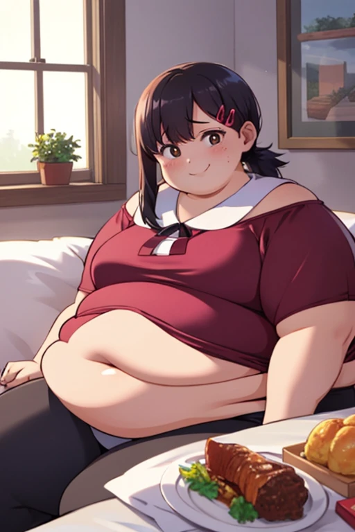 Miko Iino, fat, large belly, chubby, overweight, twin tails, Christmas, wearing sweater, eating, sitting down, table full of food, cookies,very fat