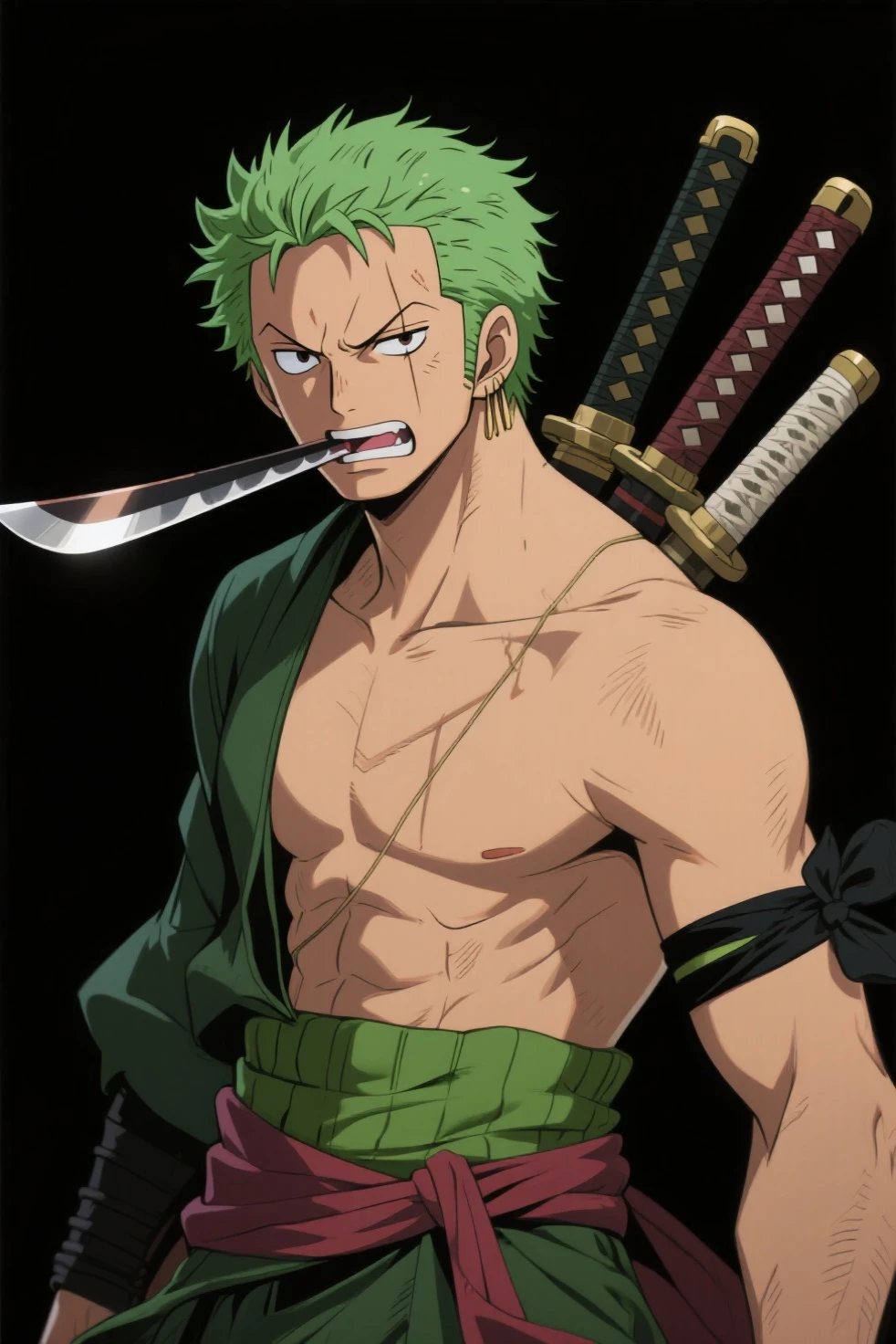roronoa zoro shirtless with his swords standing in a heroic pose