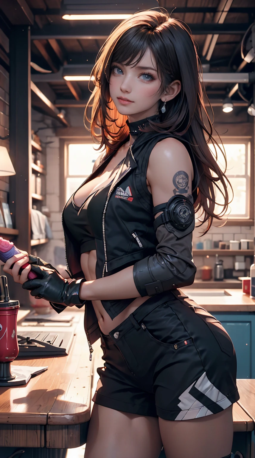 Beautiful woman,solo, focus, black and red hair, massive perfect breast, muscular body, tattoos,goth girl,((headphones, glasses)) futuristic apartment, sitting, gaming chair, dynamic pose, ultra realistic detailed, ray tracing cinematic shot, unreal engine 5, award winning image,