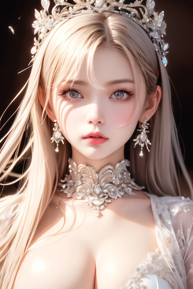 ((Masterpiece)), high quality, super detailed, blonde hair + white clothing: 1.2, sweet and delicate girl, bjd, lolita, delicate facial features, perfect figure, face with pearl decoration, surrounding bubbles, bright bright colors, romantic long hair, natural light, warm and sweet, brown eyes, gorgeous hair decoration.