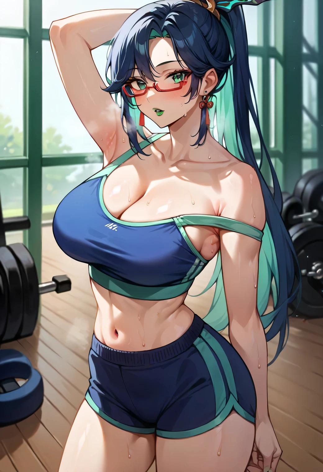 cowboy shot,zenin_maki,ponytail,glasses,bangs,green hair,brown eyes,large breasts,slender,(white gym shirt, short sleeve,gym uniform,dark blue buruma:1.3),(cameltoe:1.3), embarrassed ,blush,masterpiece,Noise Reduction,perfect anatomy,high resolution, ultra-detailed, ultra-detailed face,game cg,dutch angle ,beautiful detailed eyes,visualart,five fingers, perfect hands, perfect lighting, sparkling pupils,