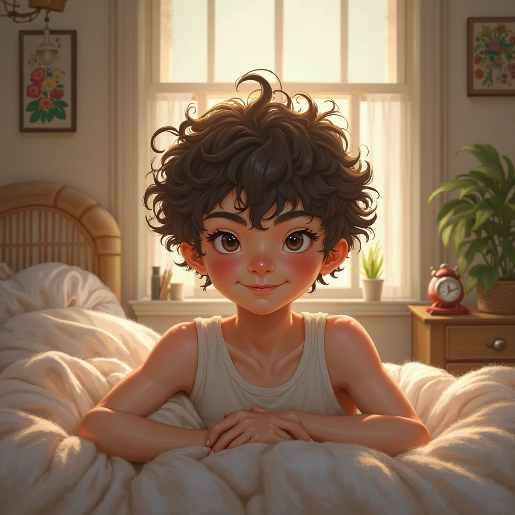 (photorealism:1.2), boy, sitting on bed, wearing loose off-shoulder top, pajama pants, long curly hair, indoors, soft lighting, plants in background, window with sunlight, cozy room, relaxed pose, realistic, intricate details, warm colors, by Greg Rutkowski, by Alphonse Mucha