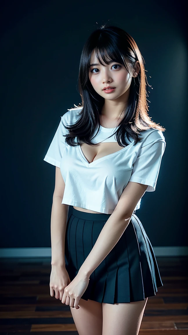 (masterpiece, best quality, unique, intricate details, chromatic aberration), realistic, ((medium breath)), hair in one eye, purple eyes, 8 cm round hoop earrings ., sharp eyes, choker, (symmetrical eyes), (perfectly symmetrical body), photo of a beautiful 21-year-old teenage girl, (fit body), beautiful and charming with contemporary fashion illustrations as well. , looking at the audience, ((in the background of the large meeting room)), (black short skirt), (wearing a fitted blue lab coat, covering a fitted white short-sleeved shirt, unbuttoning Button, revealing a little breast..), (laboratory blue coat ),((short black pencil skirt with deep slit on the side.)), brown belt, ((put your hands down.)),colored hair Blue blonde, bob, long hair, side bangs, round chin, 85mm art lens, sharp focus, 8K high resolution, crazy details, intricate, elegant, sitting on study table Raise one leg to eye level, legs slightly apart., dynamic pose, small breasts
