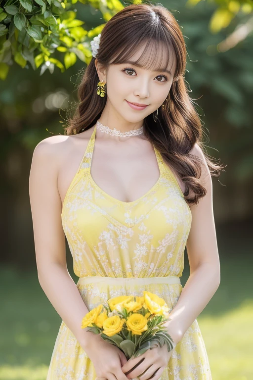 (Best Light: 1.2, Cute Korean Girl: 1.2, [White Dress: 1.3], Bouquet, Elegant and Colorful: 1.1, Bright and Attractive: 1.1, [Ultra-detailed: 1.2+Dynamic Pose+Delicate: 1.2],), Big breasts, smiling, holding a multicolored bouquet,
