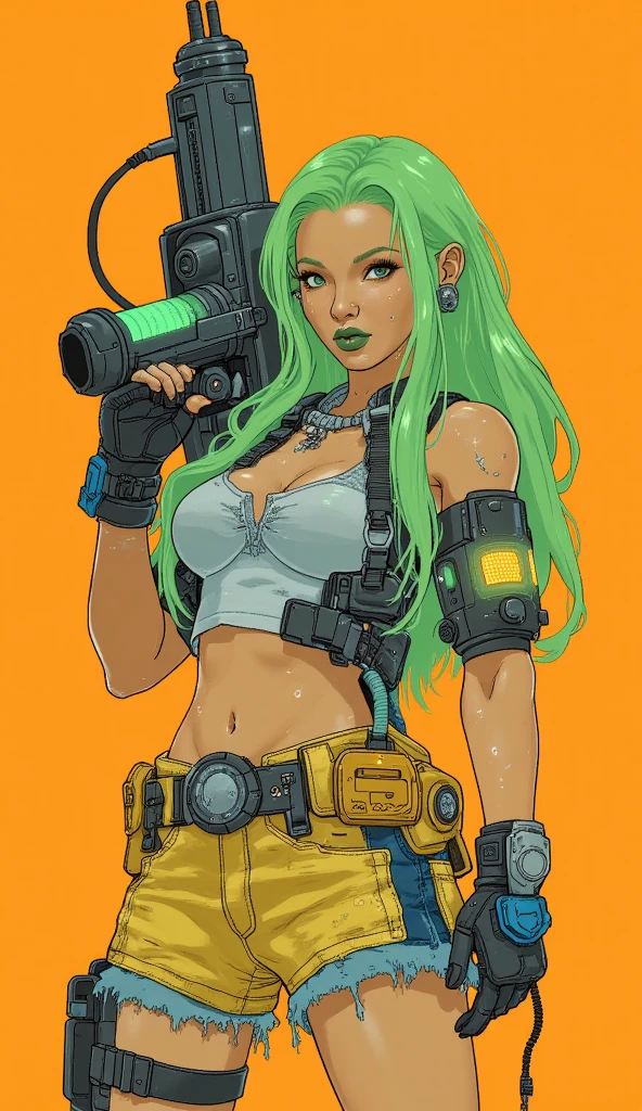 highly insanely detailed, masterpiece, top quality, best quality, highres, 4k, 8k, RAW photo, (1girl),solo,zdenka, dark skin, fingerless gloves, armor, goggles on head, handgun, dreadlocks, fishnet thighhighs, detached sleeves, elbow gloves, green eyes, holster, long hair, gin guards,
large breasts,
motor vehicle, science fiction, ground vehicle, motorcycle,
comic style, lineart,
<lora:Zdenka_v01-000002:0.80>