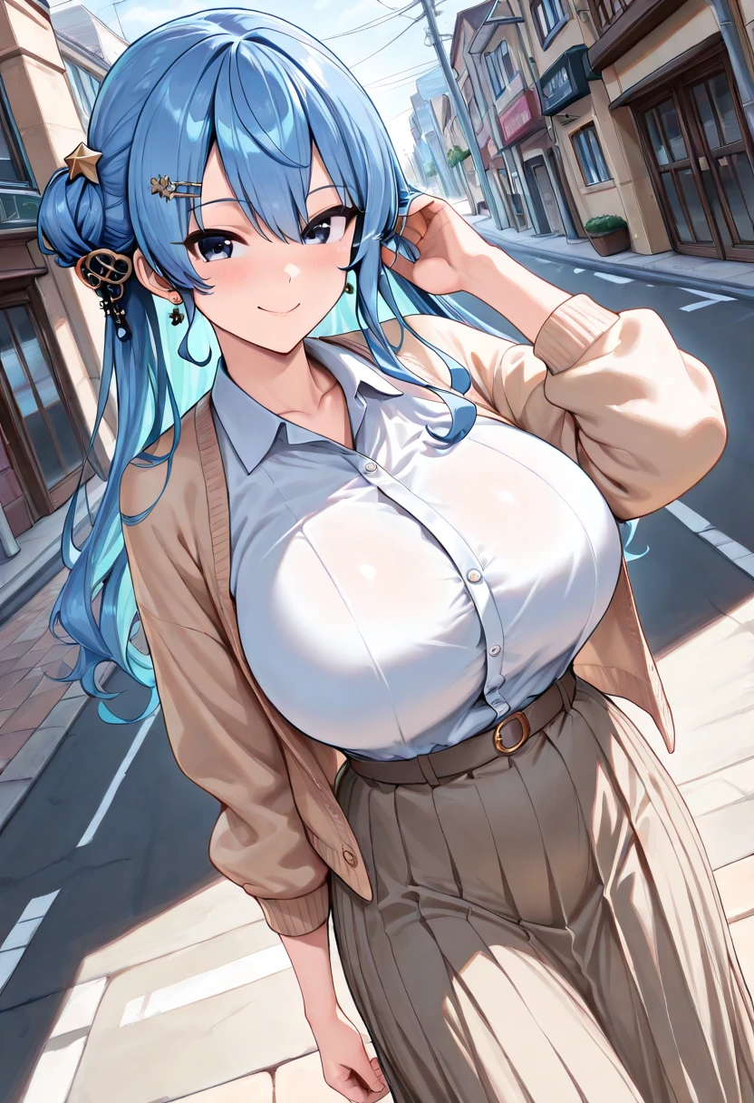 Sexy,Large Breasts,Cleavage,beauty,Smile,blush,light blue hair,single braid hairstyle,prostitute,civilian area
