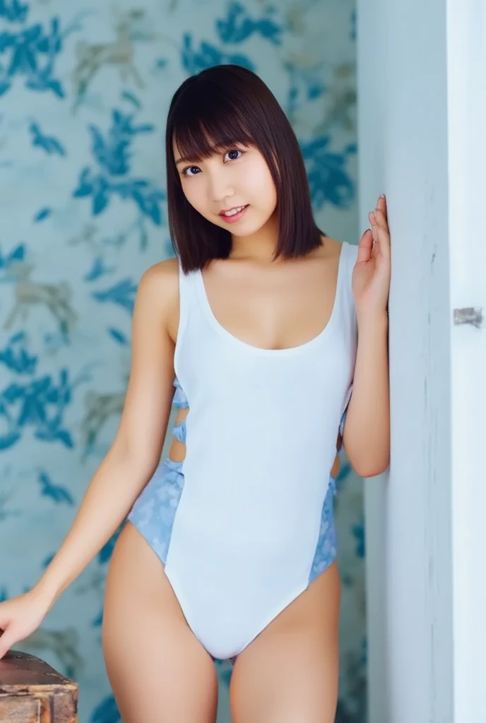 arafed asian woman in a white tank top and black shorts, is wearing a swimsuit, wearing white leotard, cute girl wearing tank suit, young pretty gravure idol, young sensual gravure idol, young skinny gravure idol, young gravure idol, wearing leotard, mayuri shiina, realistic young gravure idol, smooth white tight clothes suit