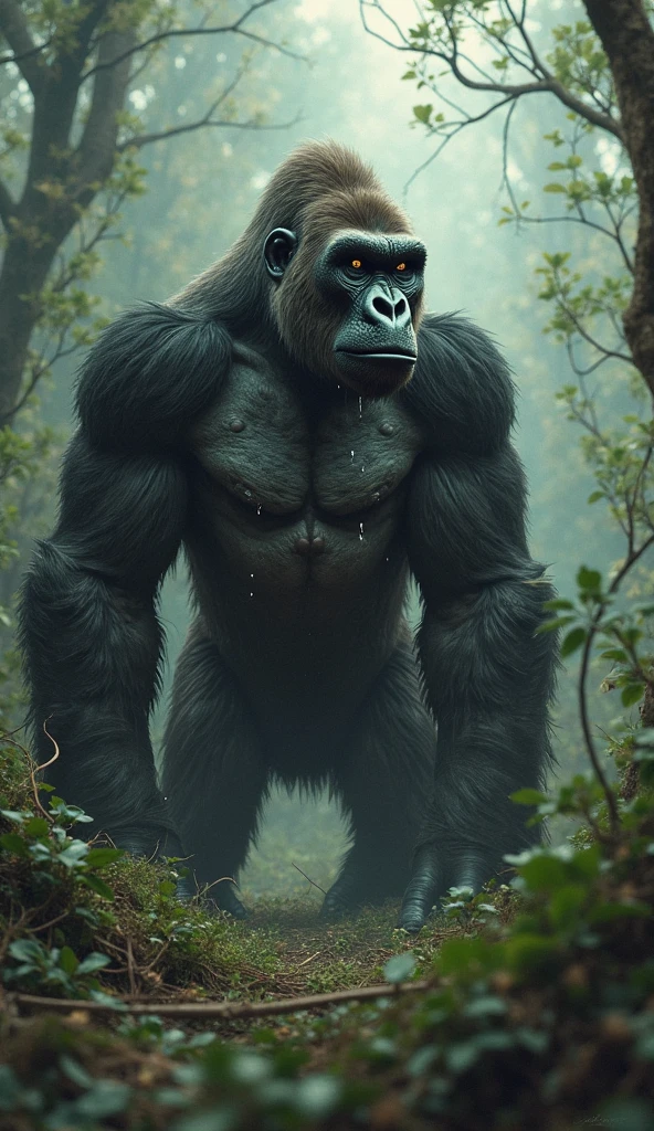 a black monkey king, detailed facial features, long hair, muscular body, detailed fur texture, dramatic lighting, dark fantasy, cinematic composition, dramatic poses, dynamic action, epic scale, fantasy art, dark colors, moody atmosphere, (best quality,4k,8k,highres,masterpiece:1.2),ultra-detailed,(realistic,photorealistic,photo-realistic:1.37),digital painting,concept art